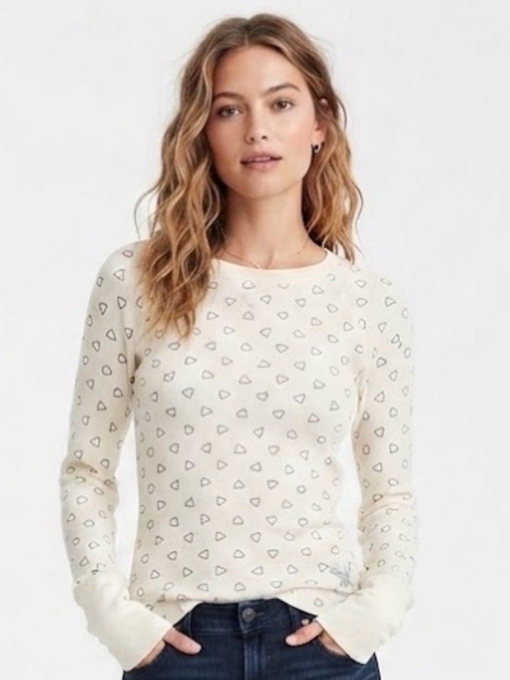 American Eagle Vintage Thermal Long Sleeve Top Ivory Blue Hearts M